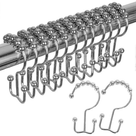 Anneaux de fixation pour rideau de douche résistants, en acier inoxydable antirouille, doubles crochets coulissants, pour barres et rideaux de douche de salle de bain, lot de 12. (1/5)