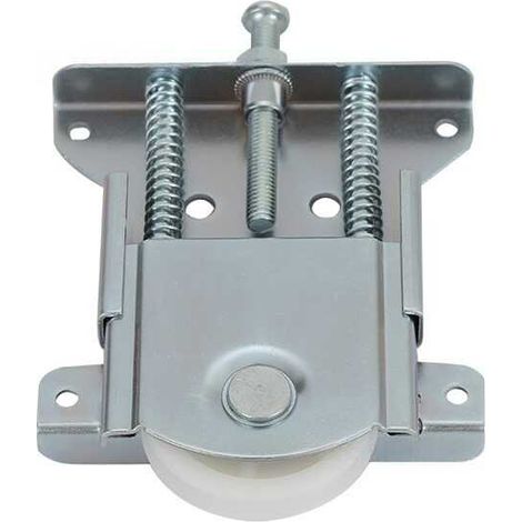 Ruote per porte scorrevoli in due pezzi, in acciaio e nylon, silenziose, regolabili e resistenti.
