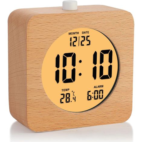 Réveil Numérique En Bois - 1 Unité - Bois Massif - Affichage LCD Et Veilleuse - Chambre Et Bureau - 10,2 Cm (1/5)