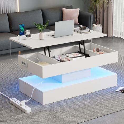 Table basse 100 x 50 x 42 cm – Mécanisme de relevage hydraulique, éclairage LED et rangement dissimulé – Blanc (1/5)
