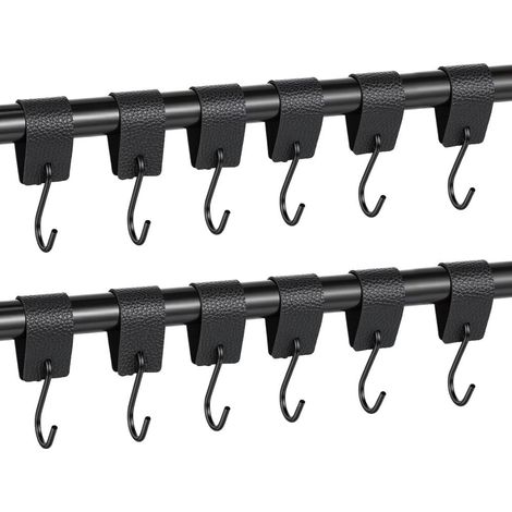 12er-Pack S-förmige Haken mit Lederschnalle, schwarze Metallhaken, kein Bohren erforderlich, für Kleiderschrank, Küche, Badezimmer, Metzgerei (Schwarz) (1/5)