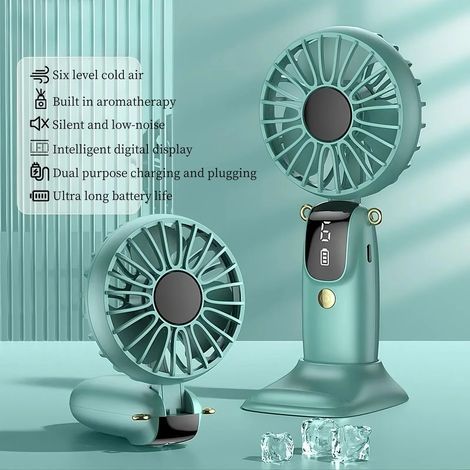 Mini portable handheld/necklace fan, USB rechargeable battery, foldable phone holder, with aromatherapy blades - AquaForge (1/5)