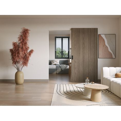 Porte coulissante en bois et MDF avec rail invisible - Chêne clair - 103 x 210 cm - BOCAZI (1/4)