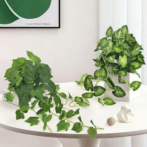 Plante artificielle à suspendre - 120 cm - Guirlande de lierre artificiel à suspendre - Plantes d'intérieur - Pour mur, étagère, balcon, chambre - Décoration (feuilles de taro et de vigne) (1/3)
