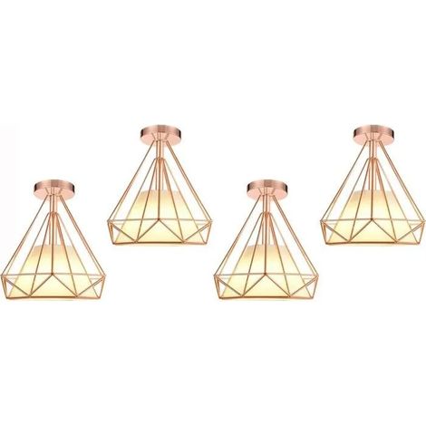 U-Do 4Pcs Plafonnier Industriel Lampe Abat - Jour Cage forme Diamant en Métal Or Rose design Vintage pour Cuisine Salon Bureau (1/4)