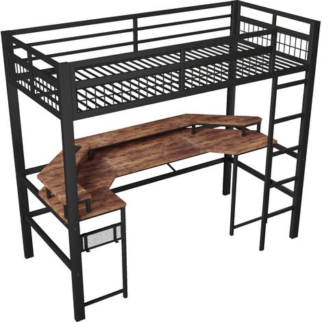 Cama alta 90 x 200 cm de metal con escritorio, LED multicolor, USB-C y enchufes, negra (1/5)