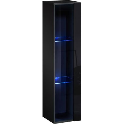 Schwarzer Hängeschrank in kleinem Modell mit 1 Glastür und inkludierter LED-Beleuchtung. Kollektion SWITCH.