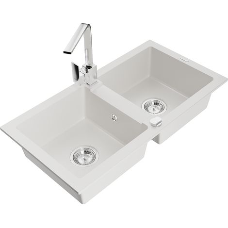 Mexen Mario lavello in granito a 2 vasche con miscelatore da cucina Rita, bianco - 6504-20-670300-00 (1/5)