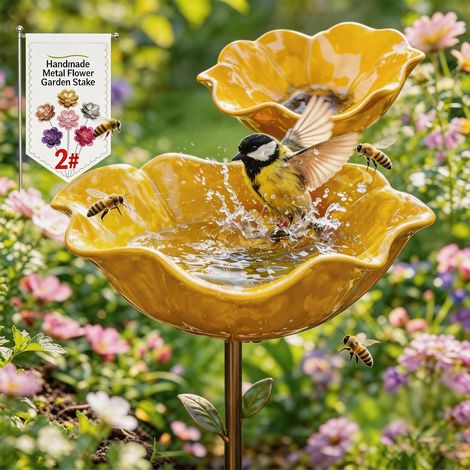 vaschette per uccelli in metallo con fiori, spiedini da giardino fatti a mano, vaschette per uccelli resistenti all'inverno e acqua per insetti, bavaglini da giardino e patio 2 pezzi (1/5)