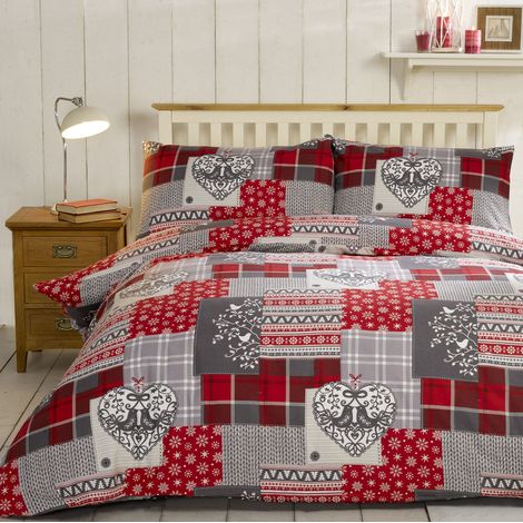 Natale Patchwork 100% flanella di cotone spazzolato Cuore Copripiumino Matrimoniale e 2 federe Set di biancheria da letto, colore: rosso/multicolore, King
