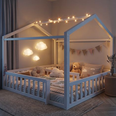 Lit Cabane Enfant 90x190/180x190 cm, Lit au sol Montessori avec barrière de sécurité et LED - Lit Simple ou Double en Bois de Pin - Blanc (1/5)