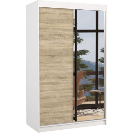 Petite armoire de chambre blanche 2 portes coulissantes 1 bois naturel 1 miroir Roxane 120cm (1/5)