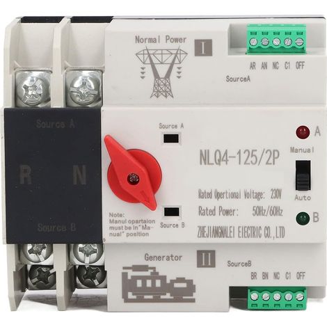 Commutateur de Transfert Automatique à Double Alimentation AC 230V 2P 20A/32A/50A/63A/80A/100A ATS PC Commutateur à Bascule Automatique pour électricité Municipale, UPS, Onduleur, Solaire(63A) (1/5)