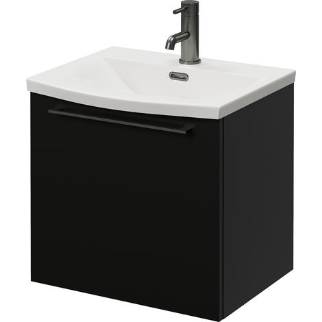 Napoli 390 Matt Black 500mm Wall Mounted Single Drawer Vanity Unit with Arc Basin - 500mm - Gunmetal Grey 320mm Handle