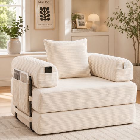 Muvoe Fauteuil convertible 1 place en velours côtelé, cadre métallique stable, rembourrage épais, design ergonomique, poche latérale et coussin, modulable, beige (1/5)