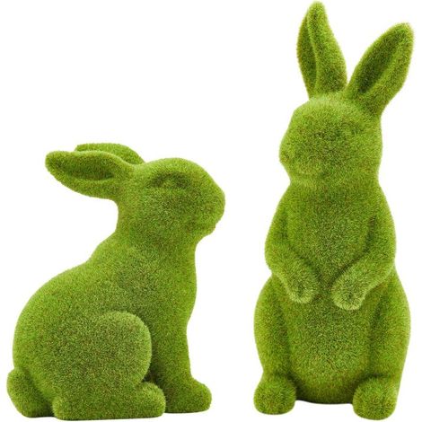 Set mit 2 Osterdekorationen: moosgrüner Plüschhase, künstliche Skulptur, Frühlingsdekoration, Garten, Ostergeschenk.