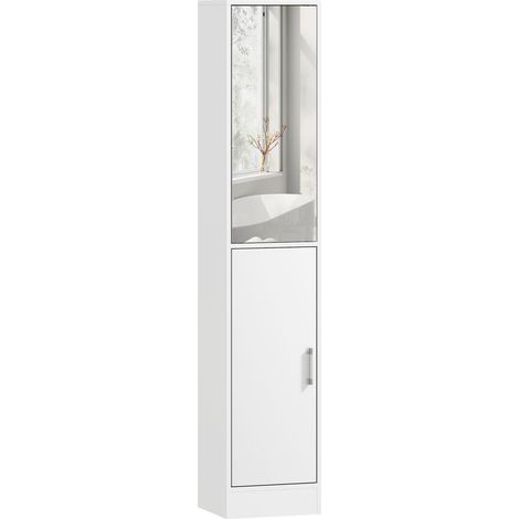 Meuble Colonne Salle de Bain Rangement avec Miroir 6 Niveaux 2 Portes Étagères Réglables 32x28x162cm Blanc (1/5)