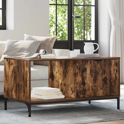 Table basse rectangulaire avec rangement, bois d’ingénierie, chêne fumé, 90 x 49 x 46 cm - PANGIVO (1/5)