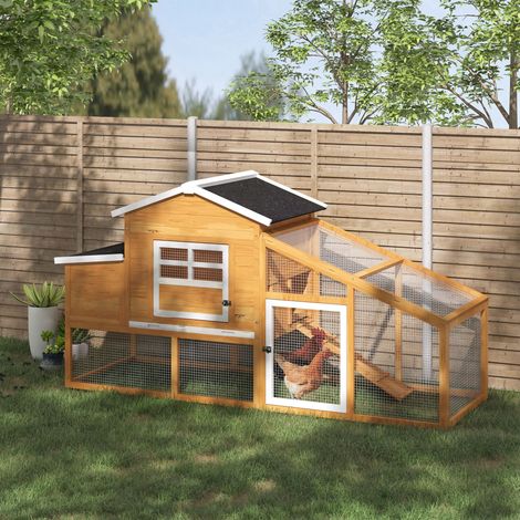 PawHut Gallinero de Madera Exterior Jaula para 2-4 Gallinas con Corral de Alambre Techos Asfálticos Nido Bandeja Extraíble y Rampa 200x80x105 cm Marrón (1/5)