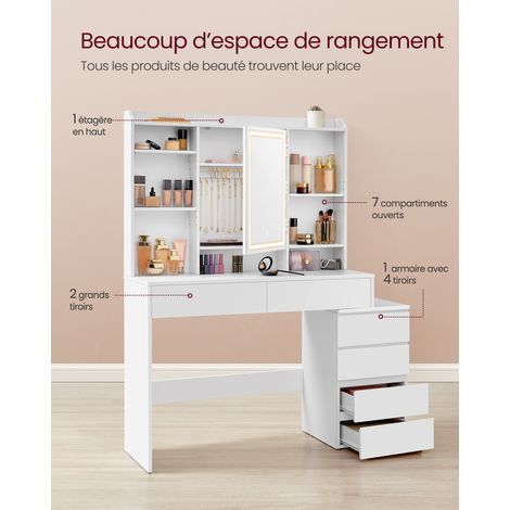 Vasagle – Coiffeuse enfant avec grand miroir LED – 7 compartiments ouverts, 6 tiroirs, étagères réglables – Dimensions 40 x 117,5 x 145 cm – Blanc nuage — vue 3