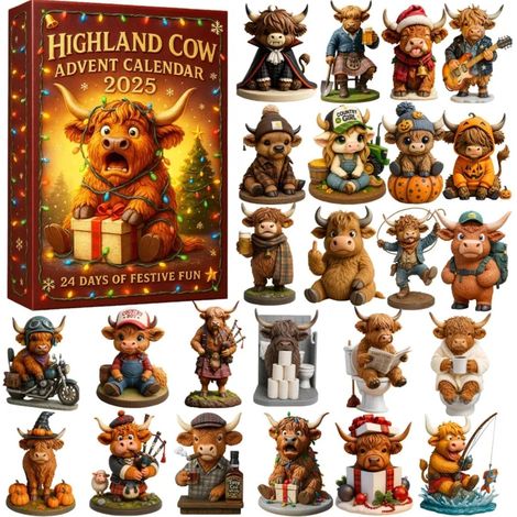 Highland Cow Calendrier de l'Avent 2025 - 24 décorations de poupée Highland Cow faites à la main pour la décoration de sapin de Noël - Calendrier de compte à rebours de 24 jours - Cadeau de Noël pour (1/5)