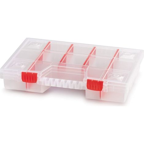 Caja organizadora con 20 compartimentos, mango ergonómico, cierre de sujeción, transparente, 400 x 298 x 85 mm