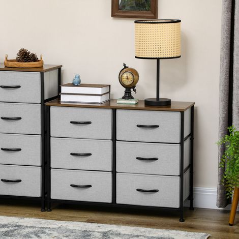Kommode Sideboard, 6 Schubladen, Stoffschubladen, 80 cm x 30 cm x 62,5 cm, Braun + Schwarz + Grau