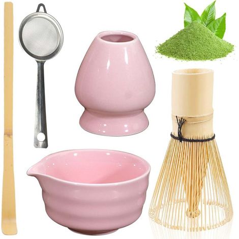 Ensemble matcha rose – bol en céramique, passoire, support et fouet japonais (1/5)