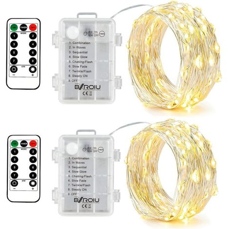 2 x 50Leds Guirlande Lumineuse a Pile,5 mètre Micro Argent Câble 3AA Opération batterie étanche avec télécommande 8 Programme (Blanc Chaud) (1/5)
