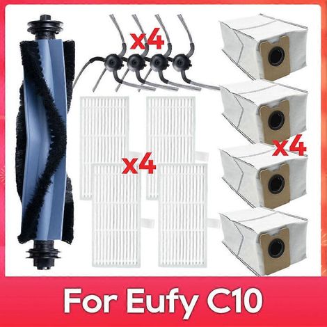 Accessoires et pièces détachées pour aspirateur robot Eufy C10 : brosse latérale principale, filtre HEPA, sac à poussière. (1/5)
