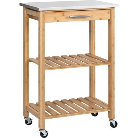 Carrello da Cucina con Piano in Acciaio Inox Cassetto e Mensole a Doghe in Bambù (1/5)