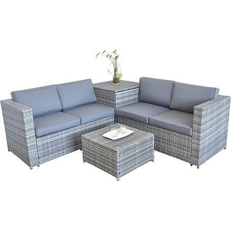 XXL PolyRattan Gruppo sedute + box di supporto Divano da giardino Set da giardino Grigio (1/5)