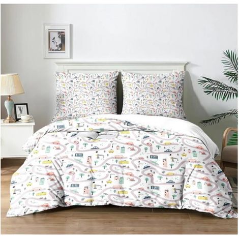 3 Pcs Parure de couette, Microfibre douce, Imprimé circuit voiture, 220x240 cm, Chambre enfant adulte (1/3)