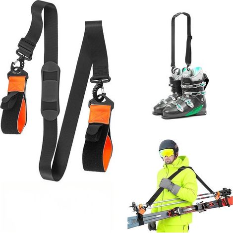 Sangle de transport pour skis, porte-skis et bâtons de ski, réglable de 79 à 130 cm, porte-skis dorsal avec bandoulière confortable, accessoire de ski idéal, couleur orange (1/5)