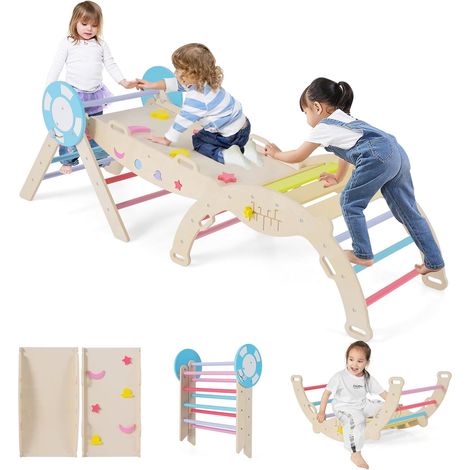 COSTWAY 7 in 1 Set da Arrampicata per Bambini, Giochi da Arrampicata con Scivolo, Scala e Arco, Set Montessori in Legno con Gioco del Labirinto, Pieghevole, 1 Anni + (Marinaio 3 pezzi, Colorato) (1/5)