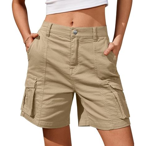 Short cargo femme Bermuda décontractée taille haute élastique jambe large, pantacourt d'été randonnée avec poches (1/4)
