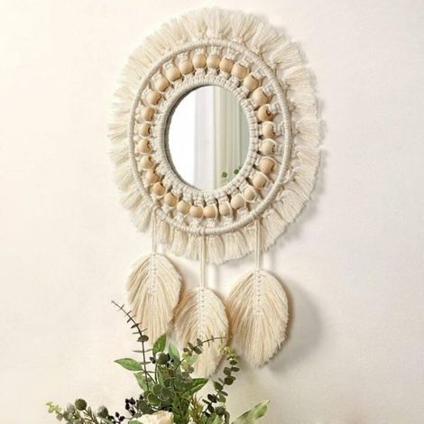 Miroir Mural - Macramé Boho - Diamètre Total 32 Cm - Miroir Verre 16 Cm - Frange Plumes Et Perles Bois - 1 Pièce (1/4)