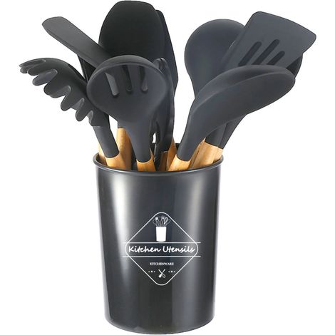 Ensemble de batterie de cuisine en silicone avec manches en bois, antiadhésive, avec récipient et boîte de rangement, gris foncé. (1/5)