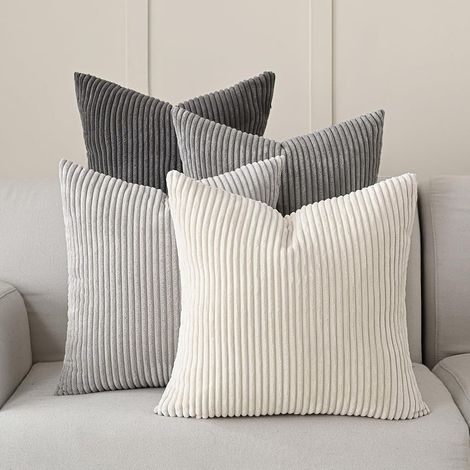 Juego de 4 fundas de cojín decorativas cuadradas suaves de pana a rayas de estilo rústico para sofá, 45,7 x 45,7 cm, color gris neutro. (1/5)