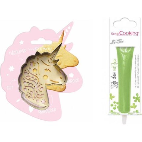 Kit pour biscuit en relief Licorne + Stylo au chocolat vert clair