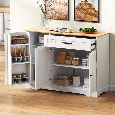 Credenza moderna con 3 ante e 1 cassetto, MDF bianco e naturale, 107 x 40 x 83,4 cm, OKWISH (1/5)