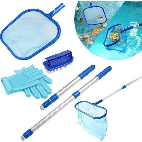5PCS Kit Nettoyage Piscine, Épuisette Fond, Manche Télescopique 40-93cm, Brosse, Gants, Étang