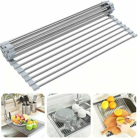 Séchoir À Vaisselle Roll-Up, 100% sans BPA Pliable évier égouttoirs idéal pour Les Fruits, légumes, Assiette, Silicone recouvert d'acier Inoxydable 47x34cm, Gris (1/5)