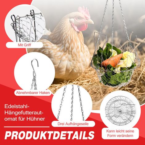 Panier distributeur de nourriture suspendu pour poules et volailles en acier inoxydable, mangeoire pliable pour légumes et fruits, jouet d'enrichissement pour le poulailler (1/5)