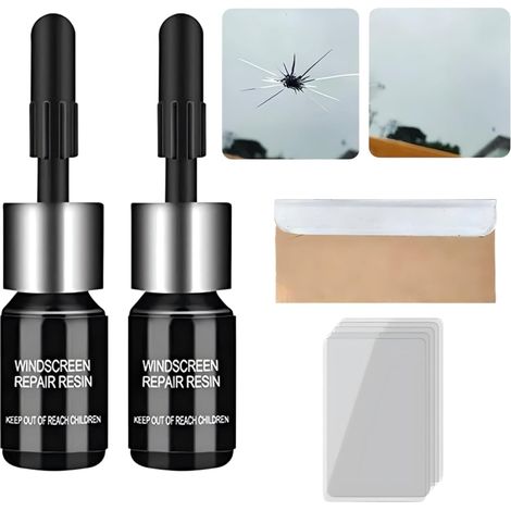 Kit de Réparation de Pare Brise et Verre Fissuré,2 Pièces avec Liquide et Lame,Réparation Rapide des Égratignures,en Étoile,Toile d'Araignée et Croissant de Lune pour Voiture,Facile à Utiliser (1/5)