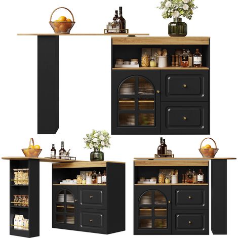 Bar pivotant à 360°, simple et moderne, adapté à la chambre, au salon et à la salle à manger, 2 tiroirs, étagère à snacks, compartiment ouvert, buffet pivotant avec étagères et porte en verre cintré, (1/5)