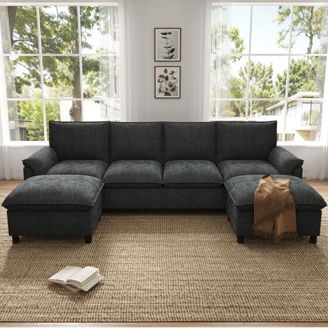 Canapé d'angle modulaire en U 264.5x142.5x84 cm noir en chenille avec 2 poufs mobiles et rangement (1/5)