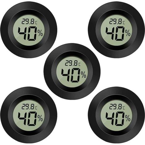 Set of 5 LCD digital thermometers and hygrometers, temperature gauge for humidifiers, dehumidifiers, greenhouses, basements, baby rooms, round black (1/4)