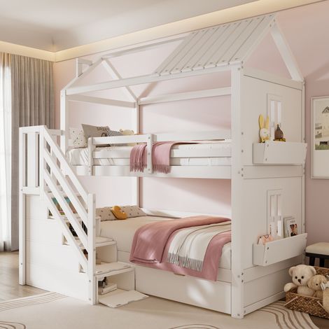 Lit superposé cabane enfant 2 couchages 90x200 cm avec escalier de rangement, tiroirs, étagères, garde-corps, sommiers à lattes, bois et MDF, blanc (1/5)