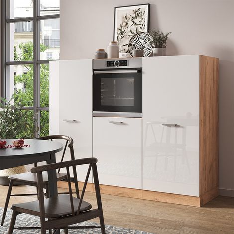 Cucine componibili piccole R-Line, Bianco lucido/oro power oak, 180 cm senza piano di lavoro, Vicco (1/5)